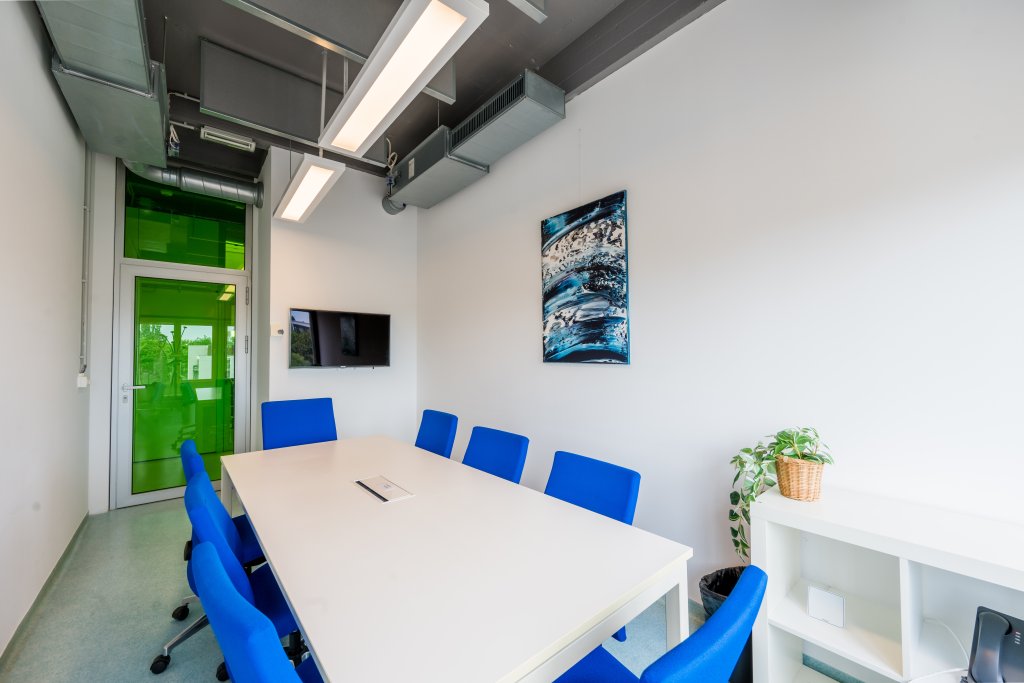 Salle de r&eacute;union du BLSI &agrave; Bruxelles pouvant accueillir jusqu&rsquo;&agrave; huit personnes autour d&rsquo;une grande table, &eacute;quip&eacute;e d&rsquo;un grand &eacute;cran LED mural